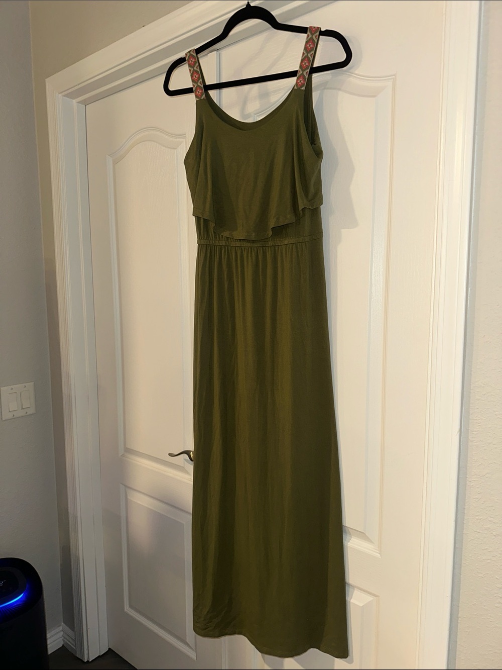 Charming Charlie Olive Green Maxi Dress with Embroidered Straps size small